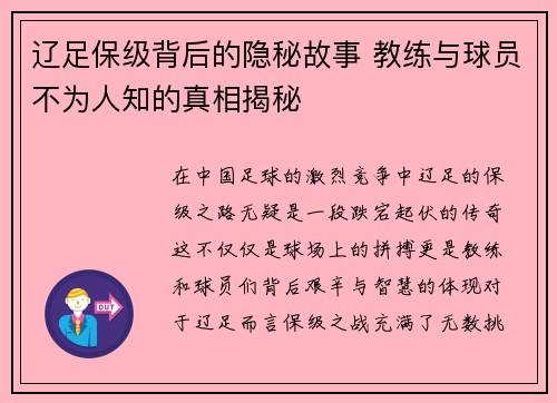辽足保级背后的隐秘故事 教练与球员不为人知的真相揭秘